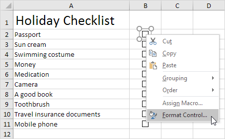 چک لیست در اکسل Checklist